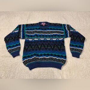 Vintage 90s Textured 3D Sweater Men's Size Medium M Crew Neck Blue‎ Green
